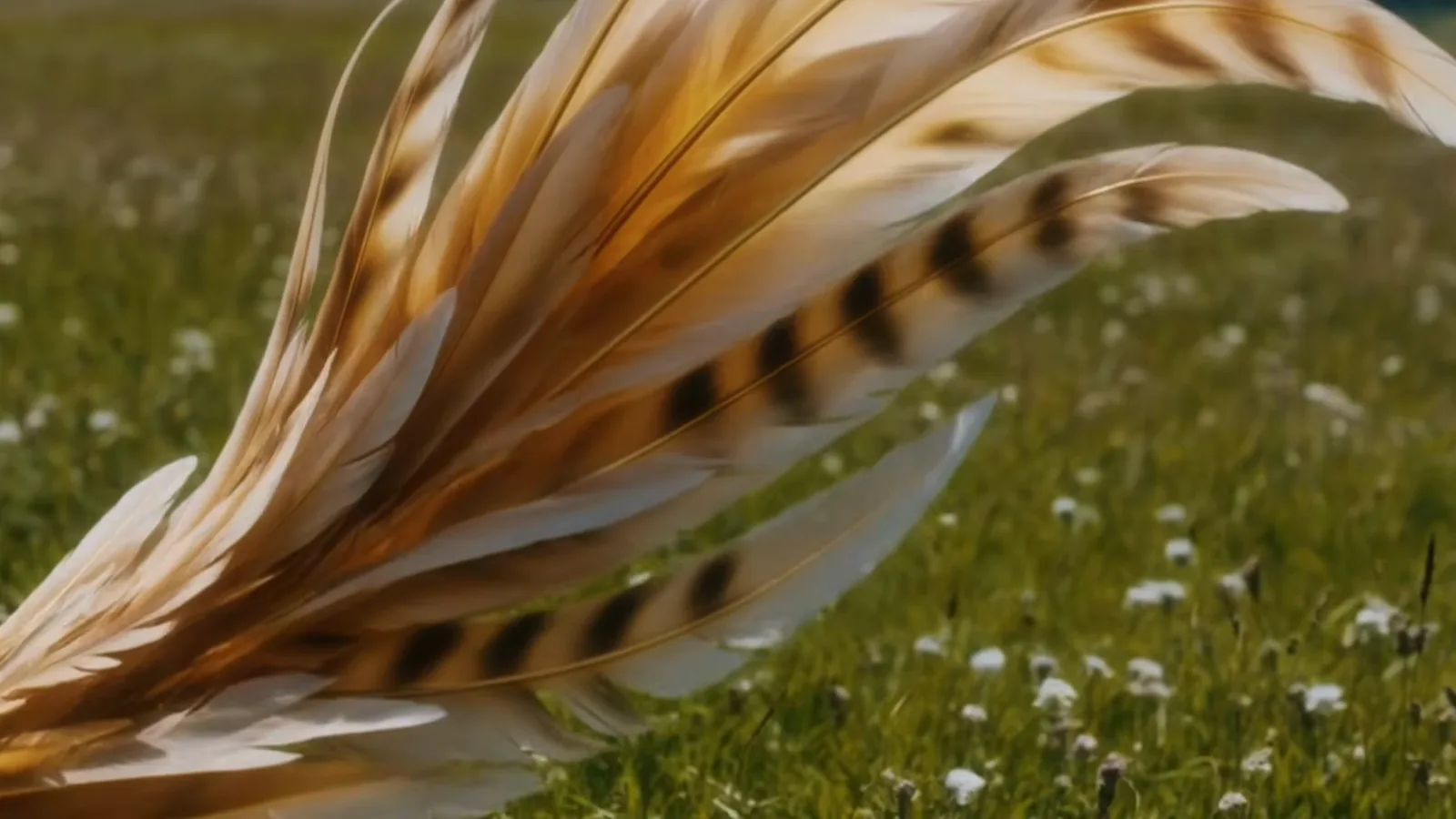 Golden feathered fronds of a juvenile feathertail dragon’s tail sweeping above a flowering meadow