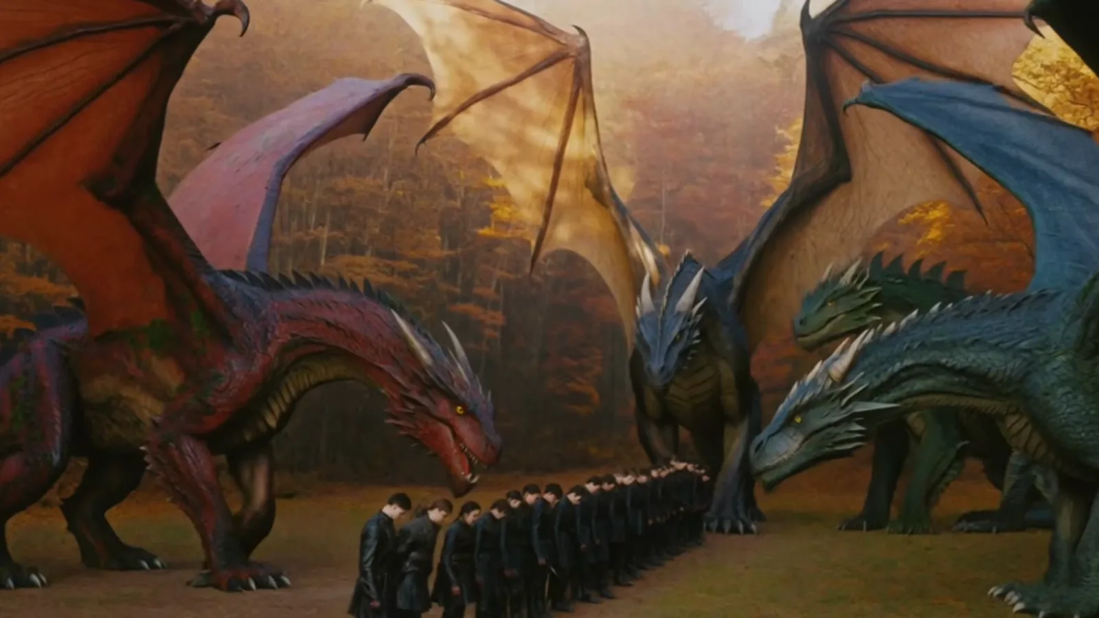 A single-file column of cadets faces a lineup of red, blue, and green dragons across an autumn field during Presentation