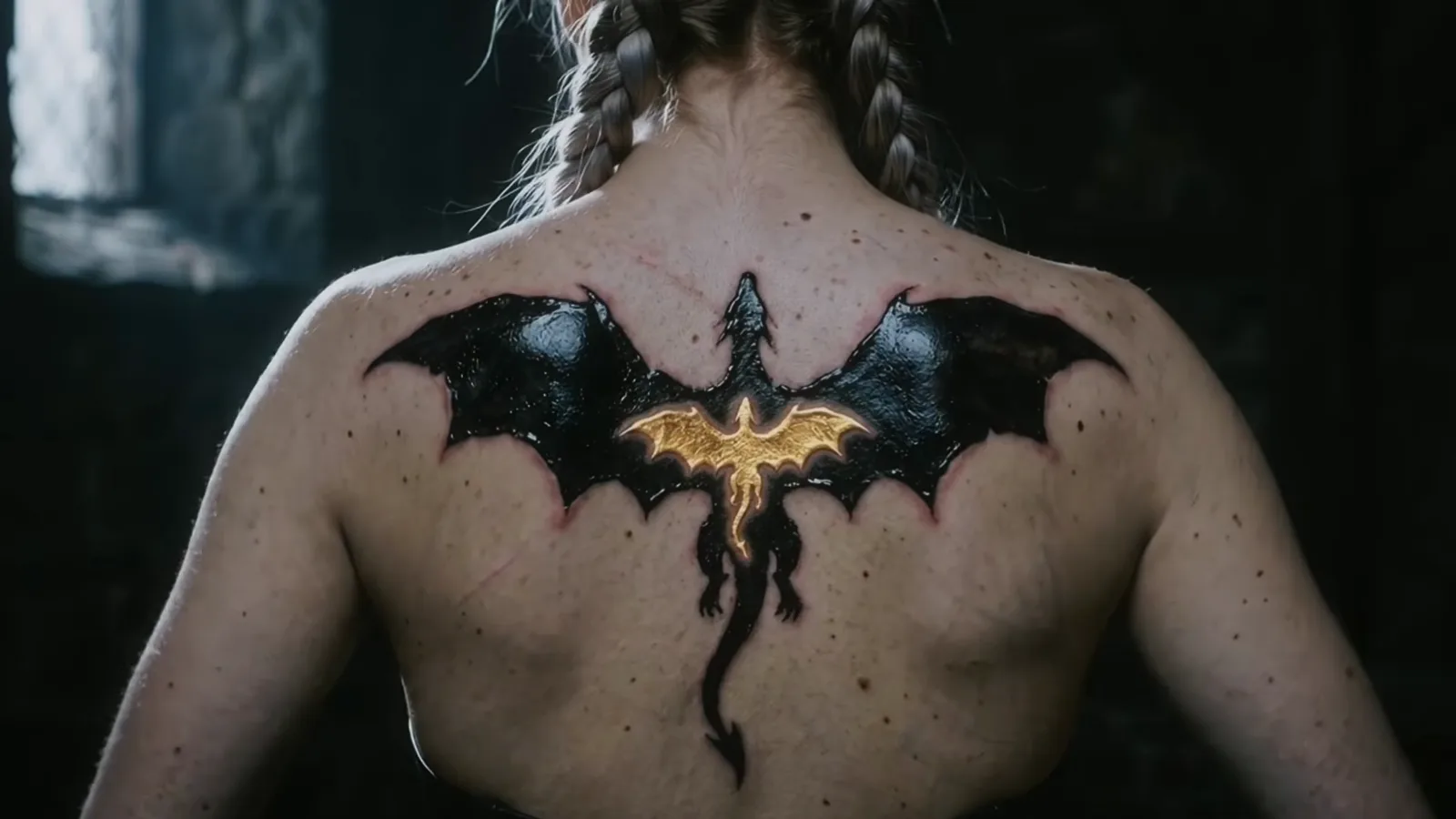 A bare back marked by a large dragon-shaped relic burned across both shoulders, its edges glowing gold