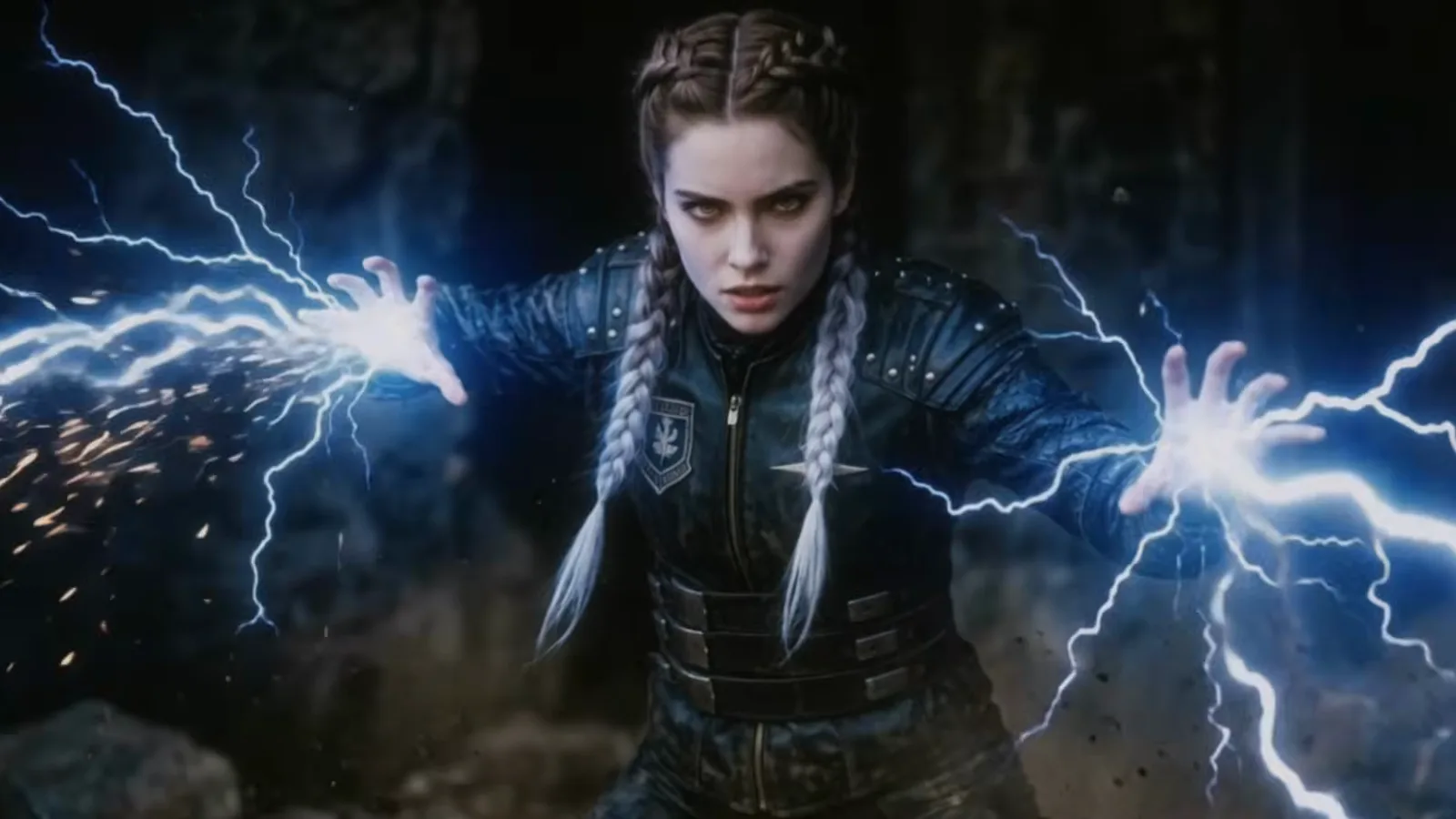 A braided rider channels arcs of lightning from both hands inside a dark stone chamber