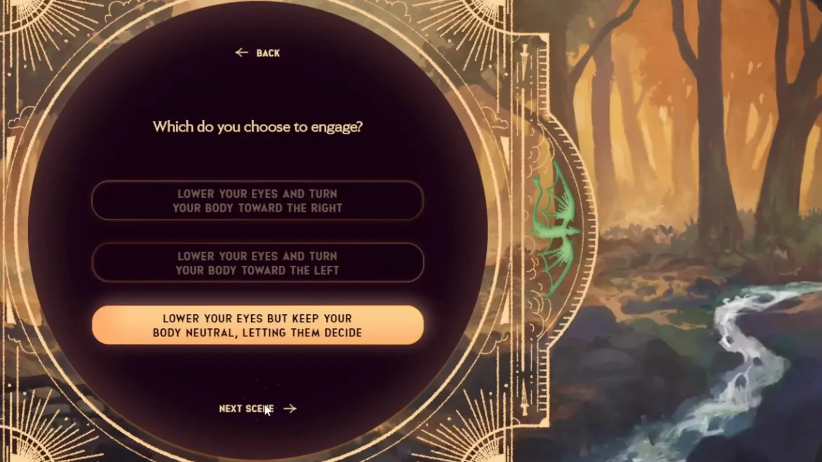 Dragonkind engage menu with neutral body option selected before a two green dragon burn in Dragonkind