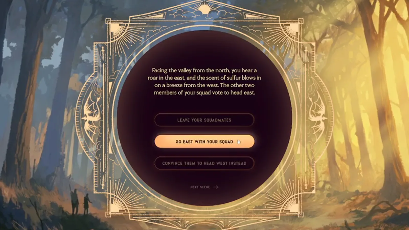 A red dragon approaching the player in the Dragonkind game with the three in-game response options visible