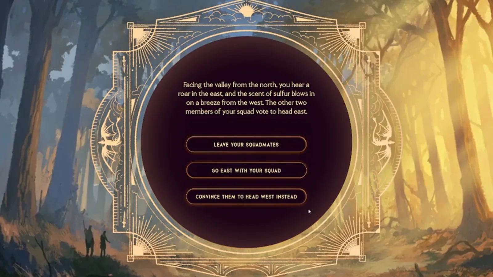 A three-button choice moment inside the Threshing Valley in the Dragonkind game