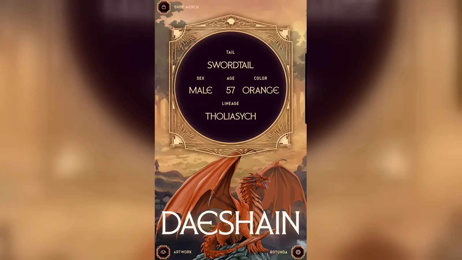 Dragonkind mobile bond result for orange dragon Daeshain listing Swordtail tail Male age 57 Orange color and Tholiasych lineage