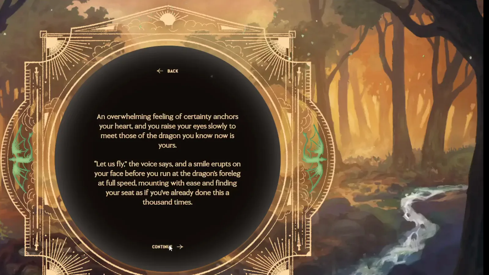 Dragonkind desktop story card quoting Let us fly and running at the dragon foreleg before the congratulations screen