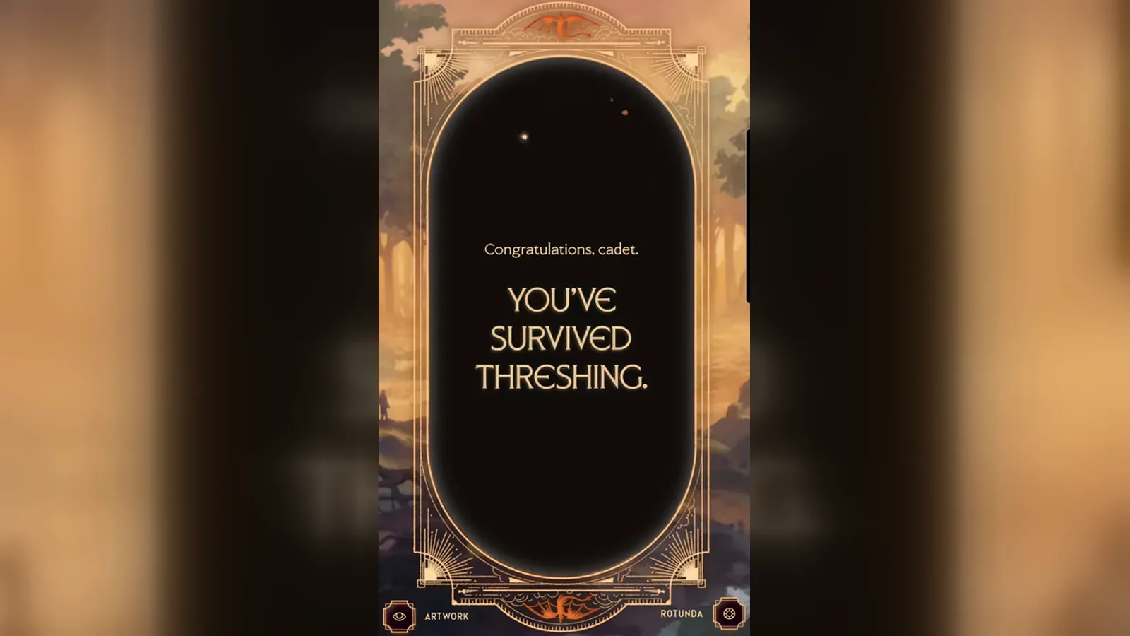 Dragonkind mobile congratulations screen with YOU’VE SURVIVED THRESHING in the portrait Threshing frame