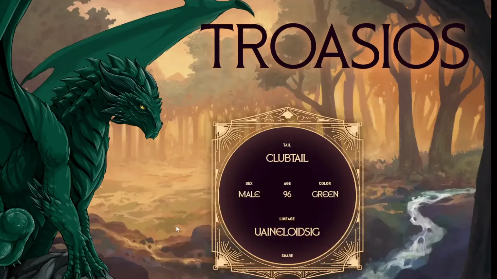 Dragonkind desktop bond result for green dragon Troasios showing Clubtail tail Male sex age 96 Green color Uaineloidsig lineage and Share control