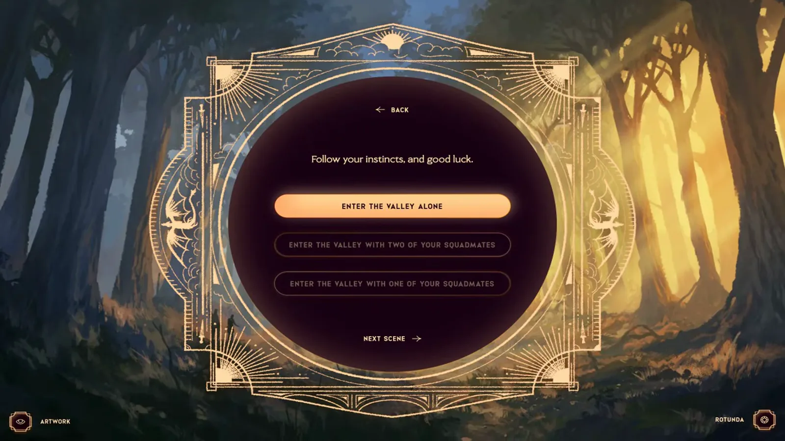 Dragonkind enter the valley alone choice menu with alone one or two squadmates options highlighted alone