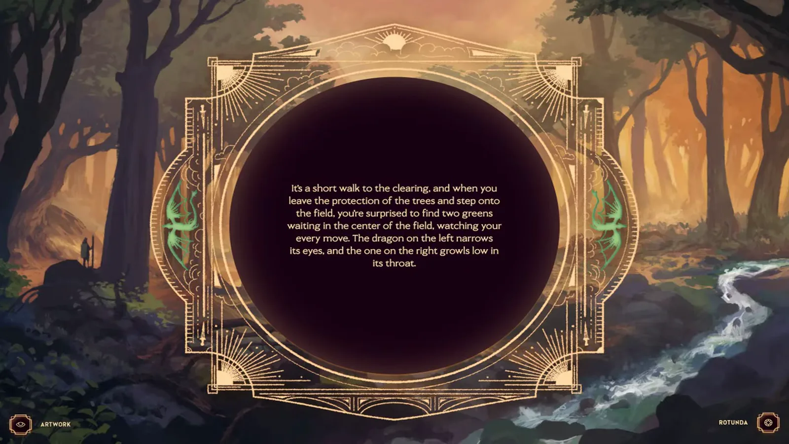 Dragonkind two green dragons narrative card in field watching cadet leave trees no choice buttons