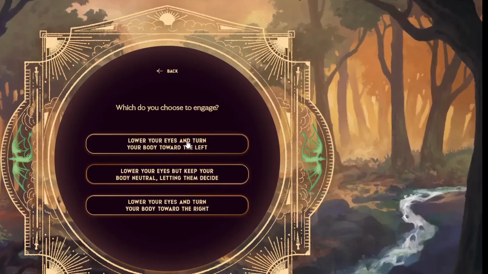 Menu d’affrontement de Dragonkind montrant les trois options à yeux baissés pour les deux dragons verts, avec le curseur posé sur le choix de se tourner vers le dragon de gauche dans cette partie