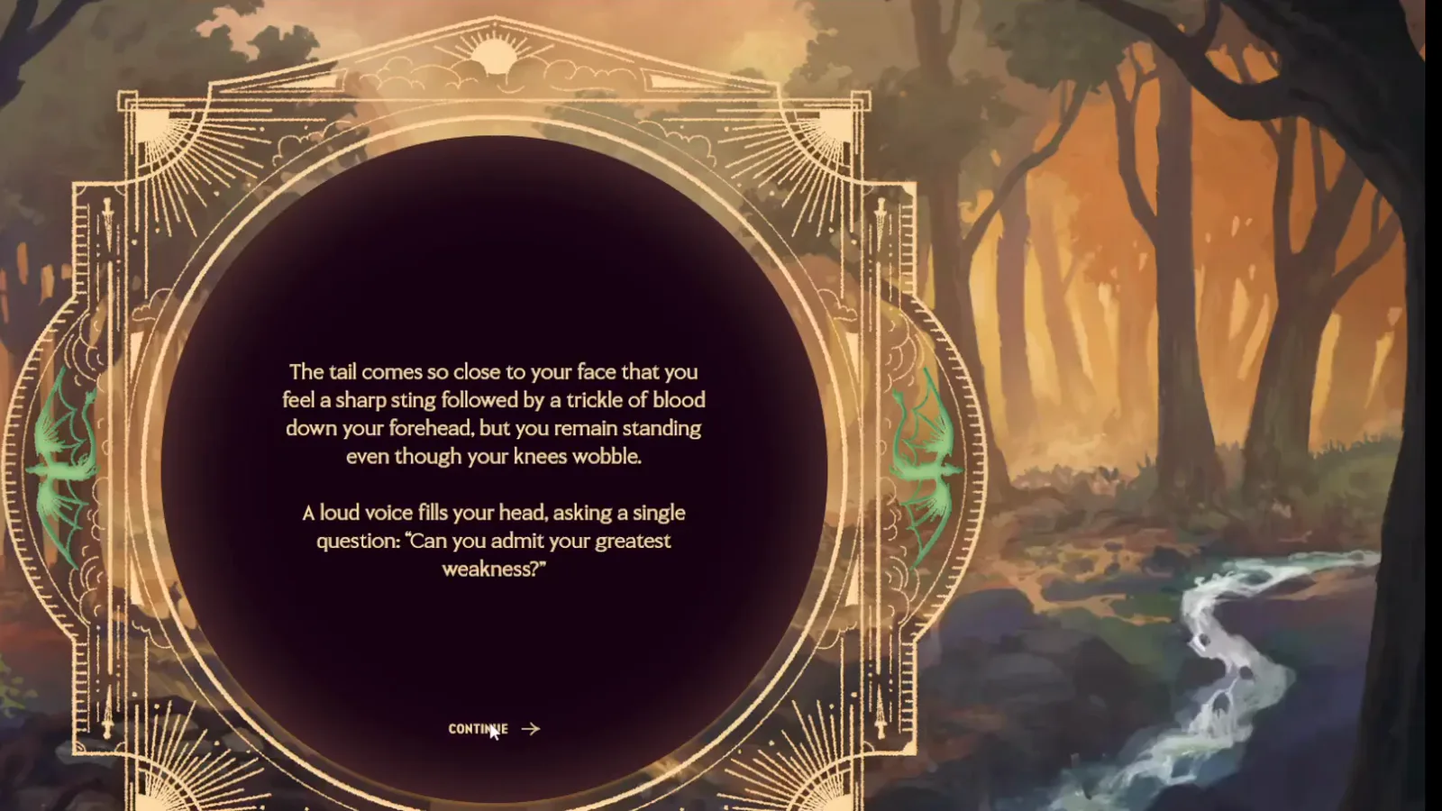 Carte de conséquence dans Dragonkind où la piqûre de la queue fait saigner mais le cadet reste debout, finissant sur la voix demandant can you admit your greatest weakness