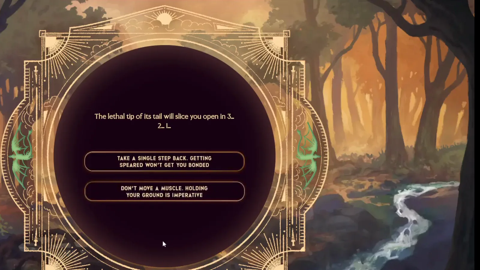 Menu du compte à rebours de la queue dans Dragonkind avec l’avertissement de la pointe mortelle au-dessus de TAKE A SINGLE STEP BACK et DON’T MOVE A MUSCLE, la deuxième immobilité de cette partie