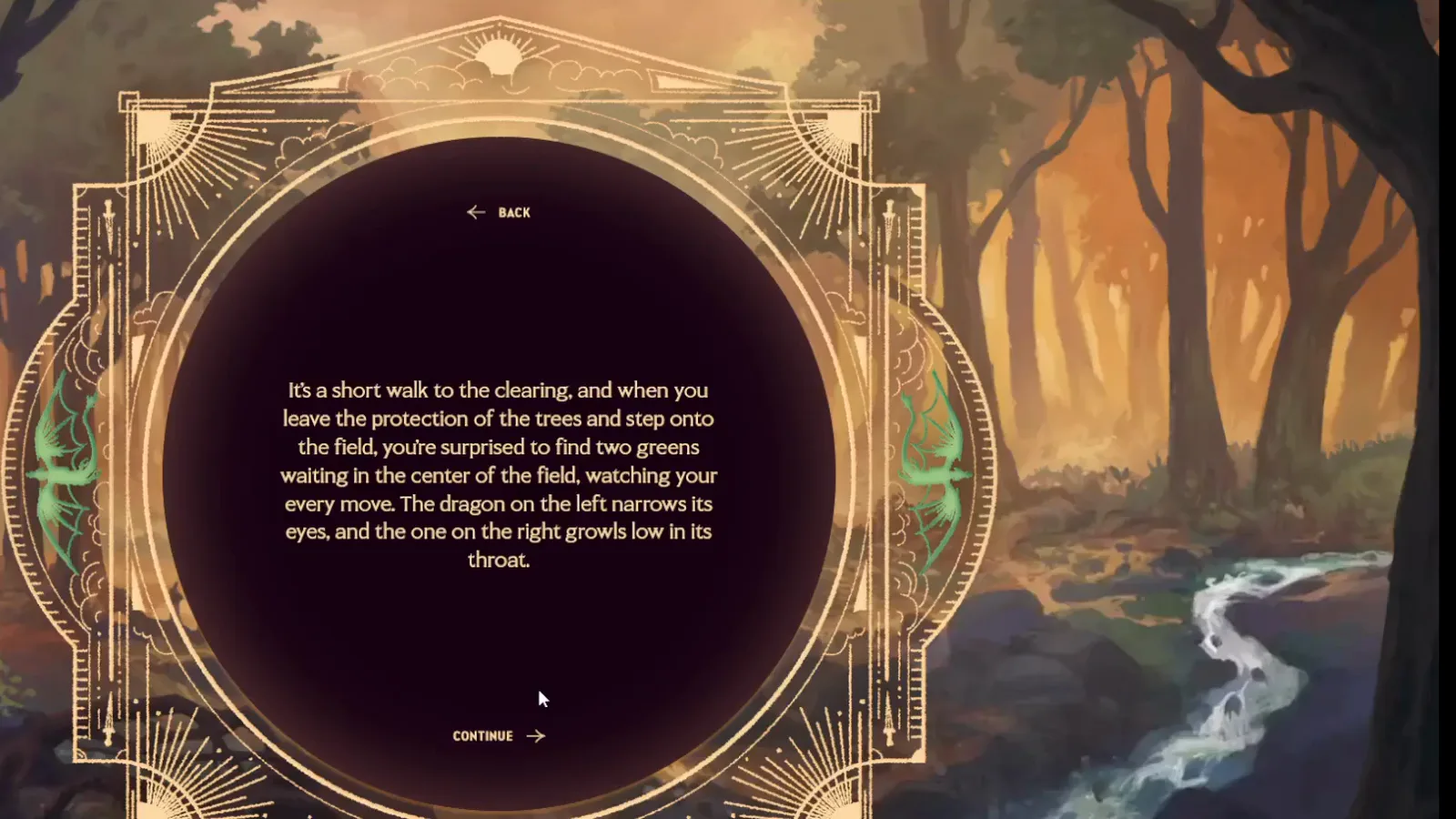 Carte narrative de la clairière dans Dragonkind montrant deux dragons verts attendant au centre du champ pendant que celui de gauche plisse les yeux et celui de droite gronde