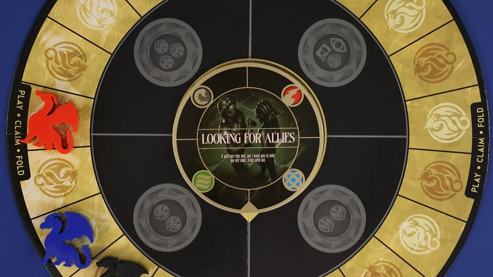 Marcadores de dragón se reparten por la pista de Rise of the Wingleader con fichas grises ya gastadas mientras la partida se acerca a su ronda final.